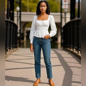 White Cinched-waist top in herringbone cotton